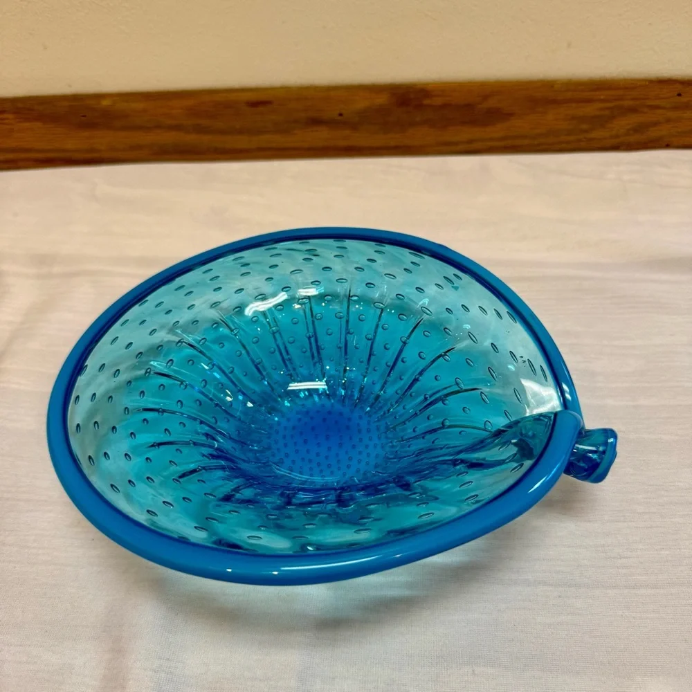 Vintage Murano Style Speckled Blue Hand Blown Art Glass Ashtray Bowl Mid Century - Picture 2 of 10